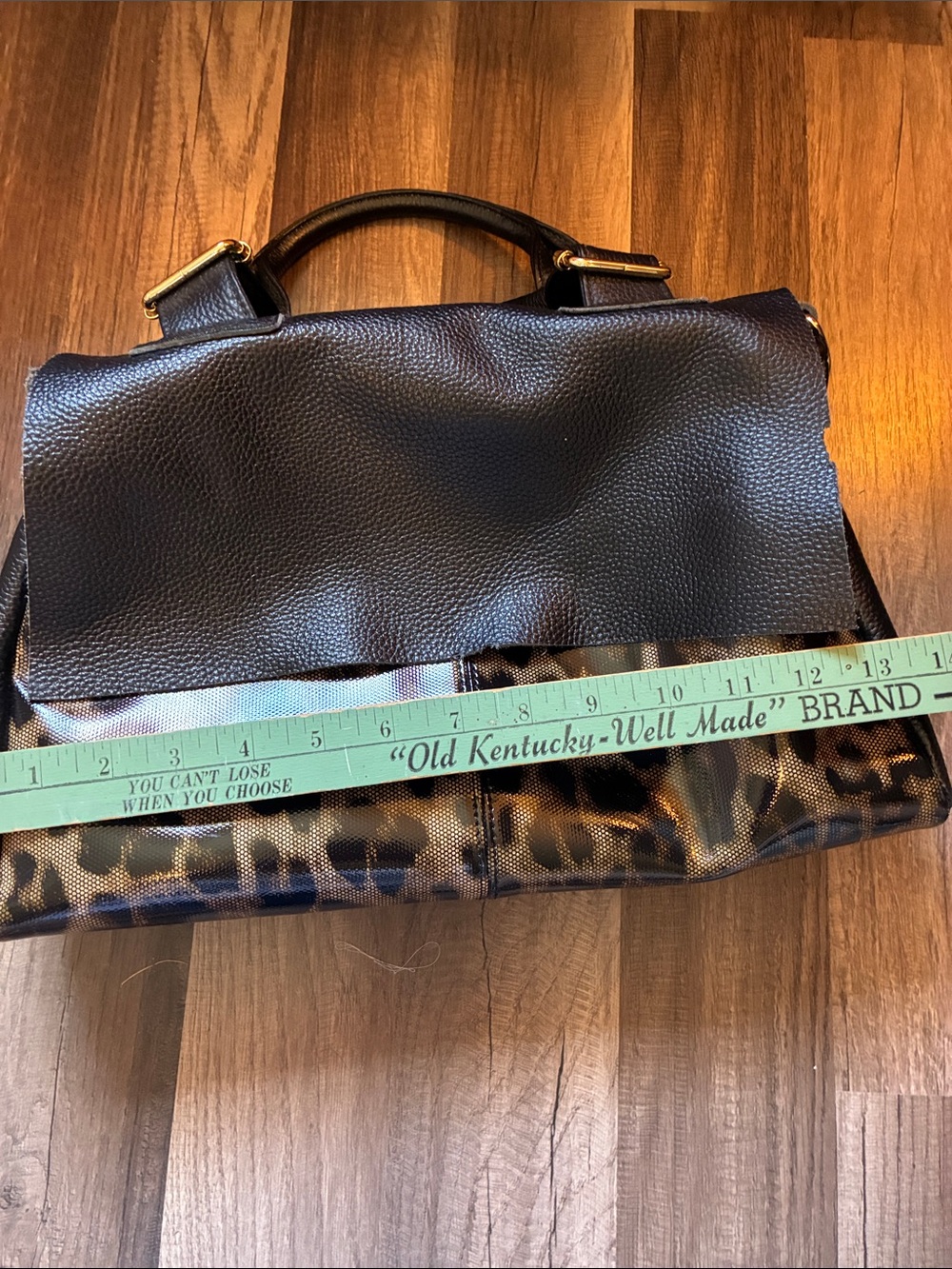 Structured Black Leather Satchel W/Leopard Accent Panel - Picture 11 of 16